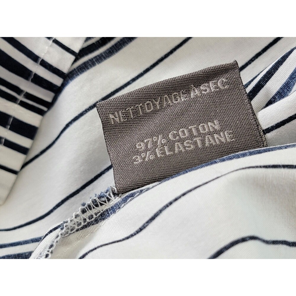 M‎ Siamo 12 Navy White Striped Ruffle Button Down Blouse Shirt Top Stretch EUC - Picture 12 of 12